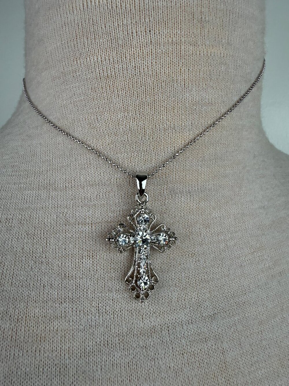 Silver Tone Rhinestone Cross Pendant Ball Chain Necklace 15.5"